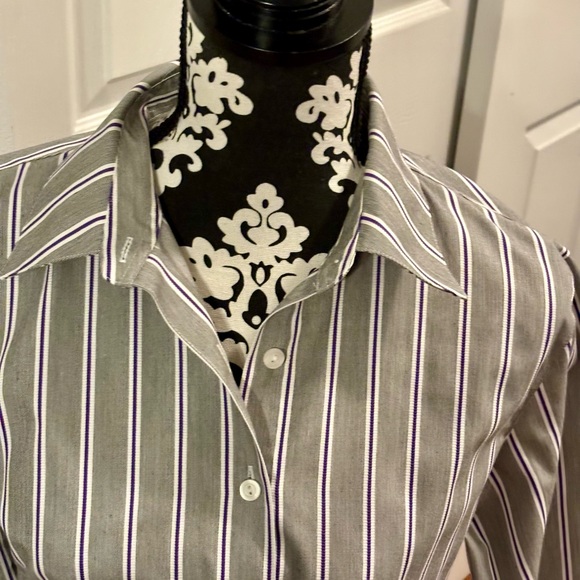 Foxcroft Womens Shirt Shaped Fit Sz10P Gray/Purple Striped Button-Up Non-Iron - Picture 3 of 11